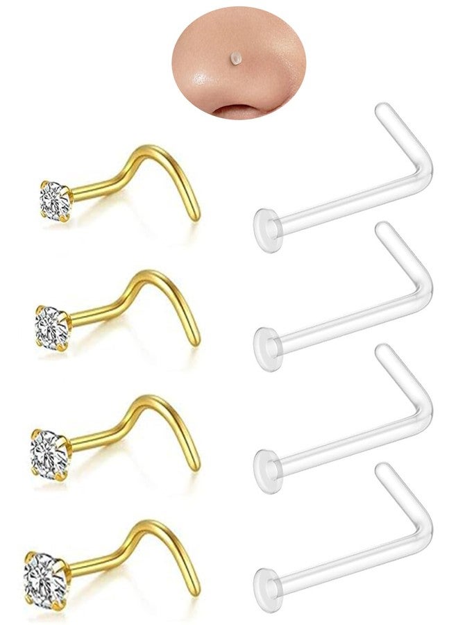 ANYIWLD Hypoallergenic 8Pcs 20G Nose Ring Studs for Women, Gold/Silver 316L Surgical Stainless Steel Corkscrew Nose Studs L Shape Clear Nose Piercing Retainers Small Nose Ring CZ 1.5/2.0/2.5/3.0mm - Image 1